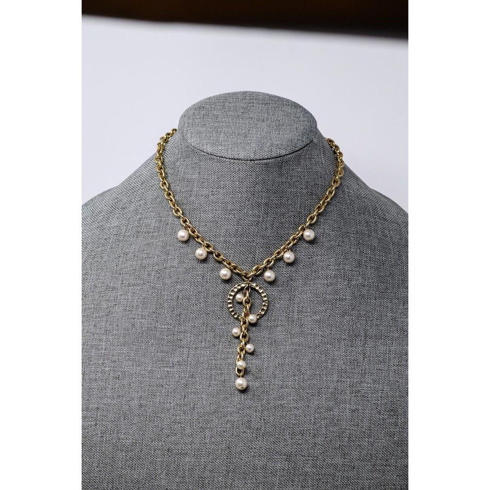 Gold Tone faux pearl drop dangle necklace circle